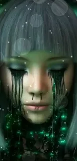 Dark emotive face with dripping tears on a green-themed wallpaper.