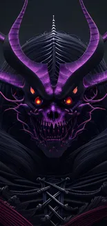 Dark skull with purple horns and red eyes on black background.