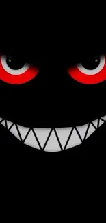 Creepy monster face with red eyes on a dark background.