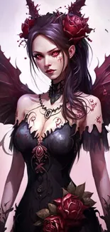 Dark fantasy angel with red roses and wings artwork.