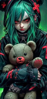 Dark fantasy anime character with plush bear and gothic design in green and red.