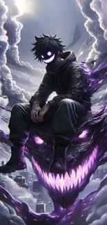 Dark fantasy anime character with a glowing purple smile in a mystical setting.