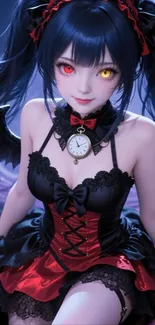 Anime character in gothic attire with wings and clock.