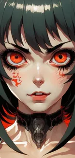 Dark fantasy anime character with red eyes and horns.