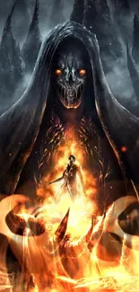 Dark fantasy art wallpaper featuring a fiery cloaked figure.