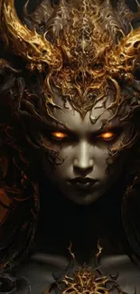 Dark fantasy art with golden intricate design and glowing eyes.