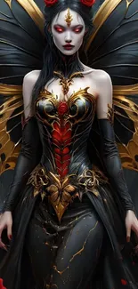 Intricate butterfly queen in dark fantasy costume, with red accents and wings.