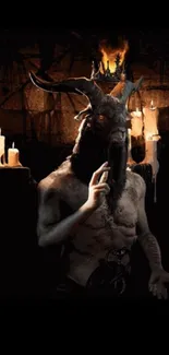 Demon in candlelit darkness with goat horns on wallpaper.