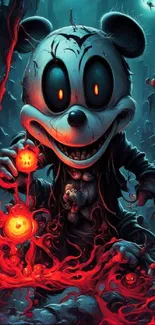 Spooky cartoon character in vibrant, dark colors