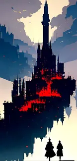 Dark silhouette of a fantasy castle with fiery red details against a cobalt sky.