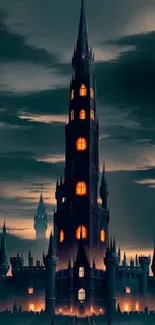 Dark fantasy castle with glowing windows and night sky.