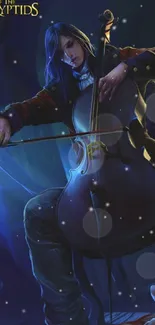 Cellist playing in a dark, moody fantasy setting with blue tones.