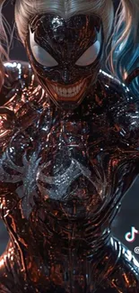 Dark fantasy character with metallic armor and vibrant hues.