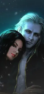 Dark fantasy couple art with mysterious atmosphere.