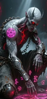 Dark fantasy creature with glowing symbols and chains.