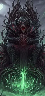 Dark fantasy creature on ominous throne with green glow.