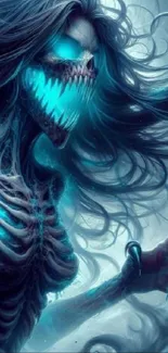 Eerie fantasy art with glowing eyes and skeletal features