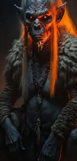 Dark fantasy creature with fiery accents on a mobile wallpaper.