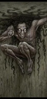 Dark fantasy creature artwork on a mobile phone wallpaper.