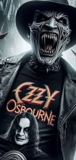 Masked creature in a leather jacket with Ozzy Osbourne t-shirt.