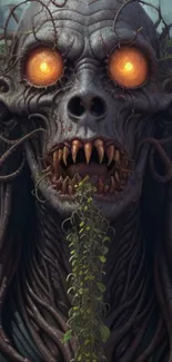 Dark eerie creature with glowing eyes and plant vines in a fantasy setting.