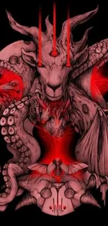 Dark fantasy demon art with red accents on a black background.