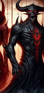 Dark fantasy demon with red eyes and gothic design, ideal for mobile wallpaper.