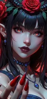 Dark fantasy demon character with red roses and horns.