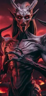 Dark fantasy demon with fiery red eyes.