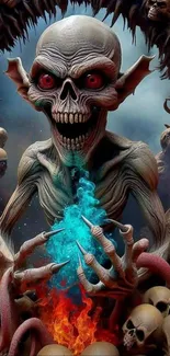 Fiery demon with skulls in dark fantasy art.