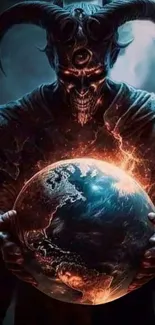 Dark fantasy scene of a demon holding a glowing globe with vivid details.