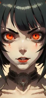 Close-up of a fantasy demon girl with bright red eyes and dark surroundings.