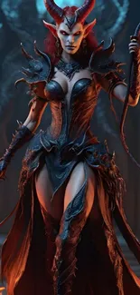 Dark fantasy demon queen with horns and elegant attire in mystical art.