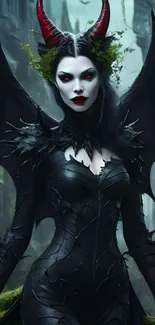 Dark fantasy demon queen with wings and horns in a mystical forest.