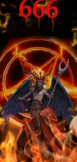 Dark fantasy wallpaper with fiery demon and 666 symbol.