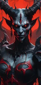 Dark demon with red eyes in a fantasy setting.