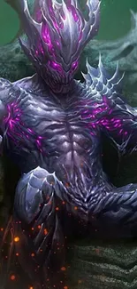 Dark demon with glowing purple details on a fantasy-themed wallpaper.