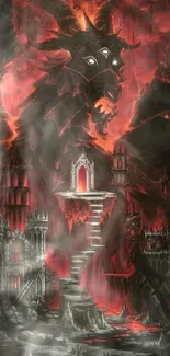 Dark fantasy wallpaper with fiery demon and gothic landscape.