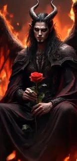 Fantasy demon with wings and rose in fiery backdrop.