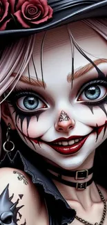 Doll-like character with dark fantasy makeup wearing a rose hat.