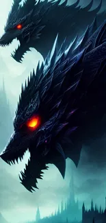 Dark fantasy dragon artwork with glowing red eyes.