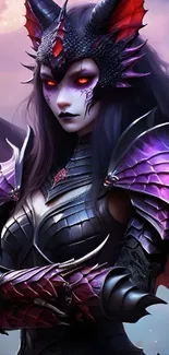 Fantasy dragon warrior in purple armor with mystical vibes.