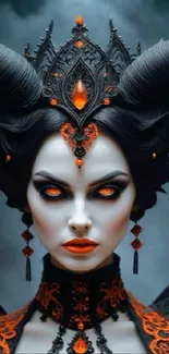 Dark fantasy enchantress with fiery eyes and gothic design.