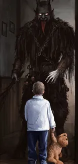 Fantasy art with child and dark creature in hallway.