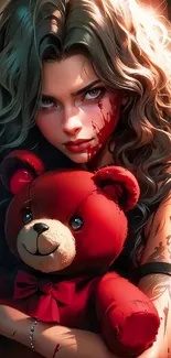 Dark fantasy girl holding a teddy bear in a mobile wallpaper.