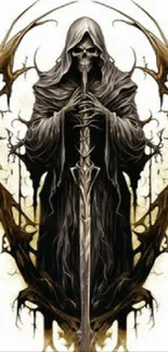 Dark fantasy Grim Reaper with sword and brown hues.