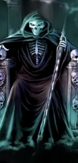 Grim Reaper on a throne, surrounded by skulls.