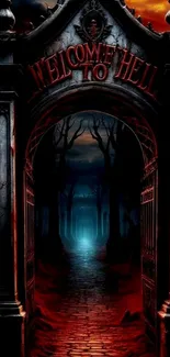 Dark fantasy portal with 'Welcome to Hell' sign.