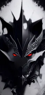 Dark fantasy helmet with glowing red eyes on a black background.