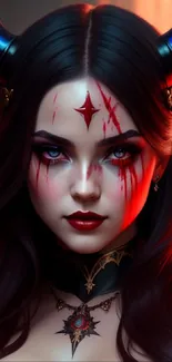 Dark fantasy art of a horned woman with red accents and intricate details.